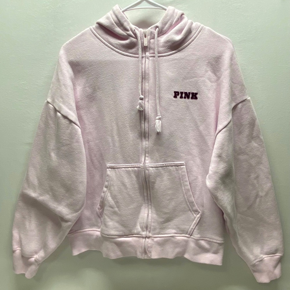 PINK Victoria's Secret Full Zip Hoodie Women's Medium Fleece Logo Sweatshirt GUC